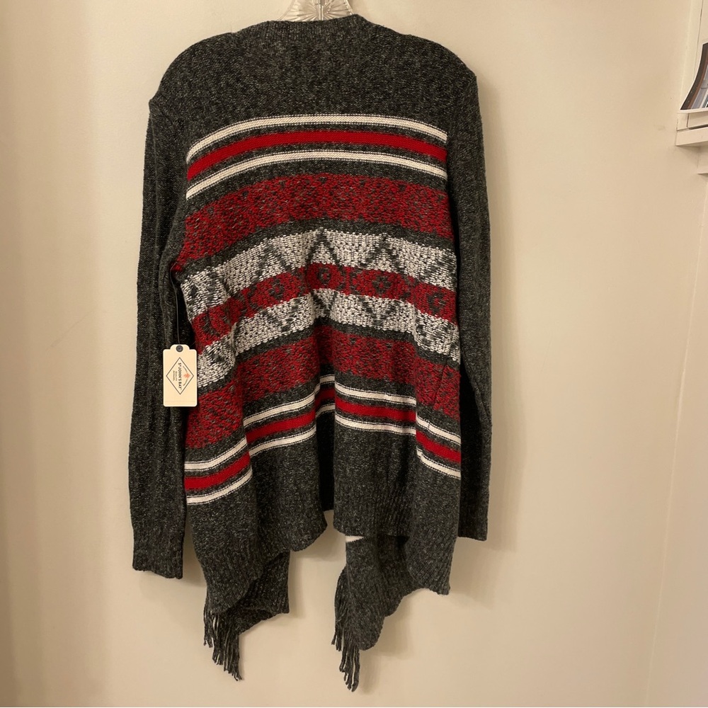 St Johns Bay Cardigan Sweater Gray  Red White Aztec Open Front, Fringe ,XL, NWT - Picture 8 of 12